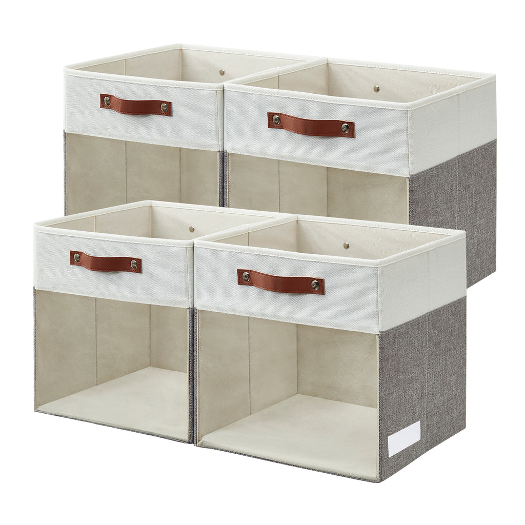 Bagnizer Storage Cubes, 4 Pack Linen Foldable Storage Bins (13 x 13 inch) with Clear Window and Handles, Fabric Organizer for Shelf Closet, Clothes, Books - (Gray and White)