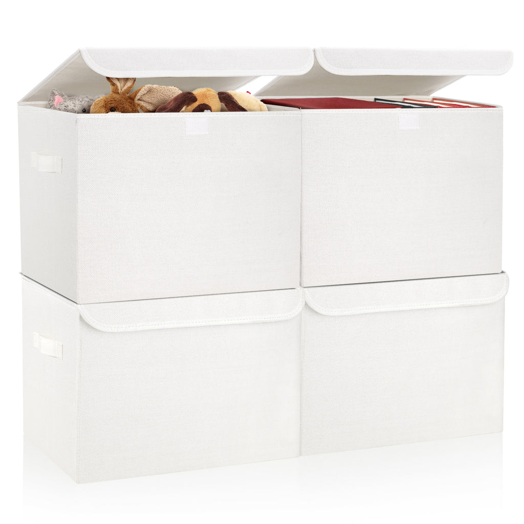 Bagnizer Large 22 Quart Linen Fabric Foldable Storage Bin Cube Organizer Basket with Flip-Top Lid & Handles, Clothes Blanket Box for Home, Office, Closet, White, 4 Pack 14.6 x 9.5 x 9.5”