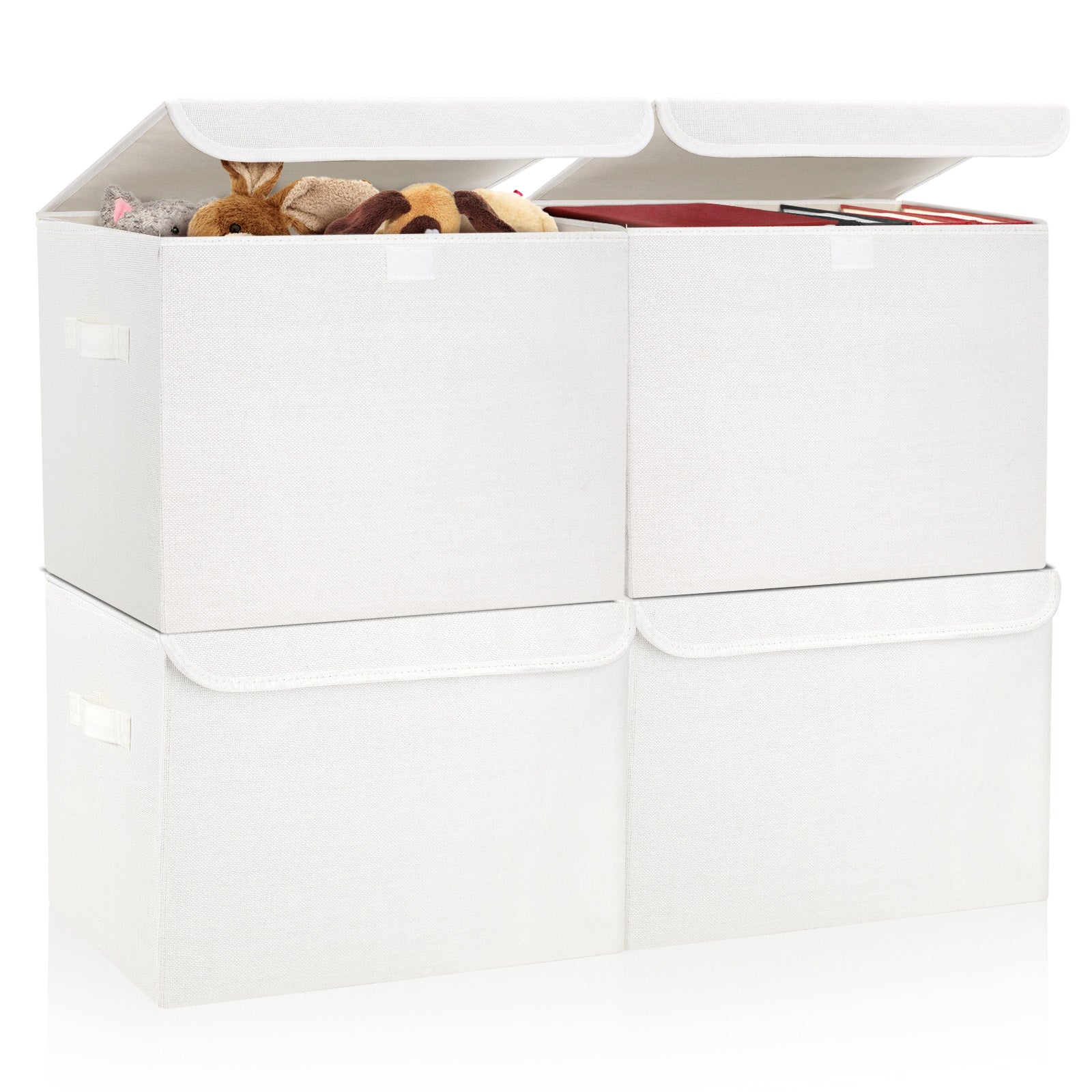 Bagnizer Large 22 Quart Linen Fabric Foldable Storage Bin Cube Organizer Basket with Flip-Top Lid & Handles, Clothes Blanket Box for Home, Office, Closet, White, 4 Pack 14.6 x 9.5 x 9.5”