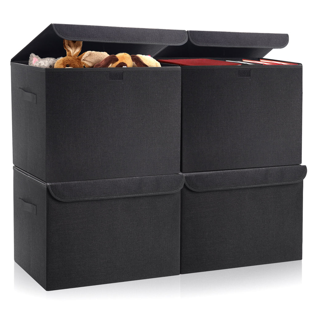 Bagnizer Large 22 Quart Linen Fabric Foldable Storage Bin Cube Organizer Basket with Flip-Top Lid & Handles, Clothes Blanket Box for Home, Office, Closet, Black, 4 Pack 14.6 x 9.5 x 9.5”