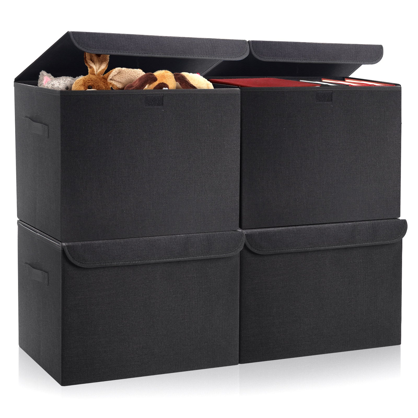 Bagnizer Large 22 Quart Linen Fabric Foldable Storage Bin Cube Organizer Basket with Flip-Top Lid & Handles, Clothes Blanket Box for Home, Office, Closet, Black, 4 Pack 14.6 x 9.5 x 9.5”