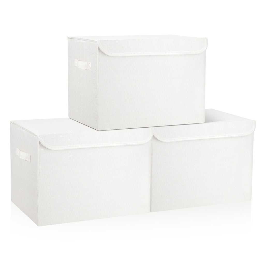 Bagnizer Large 17" 42 Quarts Collapsible Stackable Storage Bins with Lids [3-Pack] Foldable Fabric Linen Storage Boxes Cube, Closet Organizer Baskets with Label (16.7 x 12 x 12, White)