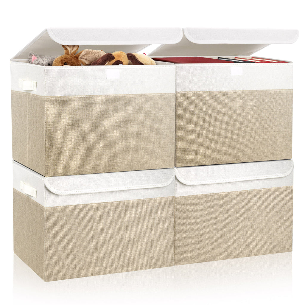 Bagnizer Large 22 Quart Linen Fabric Foldable Storage Bin Cube Organizer Basket with Flip-Top Lid & Handles, Clothes Blanket Box for Home, Office, Closet, Beige & White, 4 Pack 14.6 x 9.5 x 9.5”