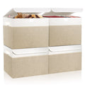 Bagnizer Large 22 Quart Linen Fabric Foldable Storage Bin Cube Organizer Basket with Flip-Top Lid & Handles, Clothes Blanket Box for Home, Office, Closet, Beige & White, 4 Pack 14.6 x 9.5 x 9.5”