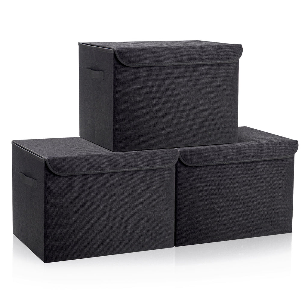 Bagnizer Large 17" 42 Quarts Collapsible Stackable Storage Bins with Lids [3-Pack] Foldable Fabric Linen Storage Boxes Cube, Closet Organizer Baskets with Label (16.7 x 12 x 12, Black)
