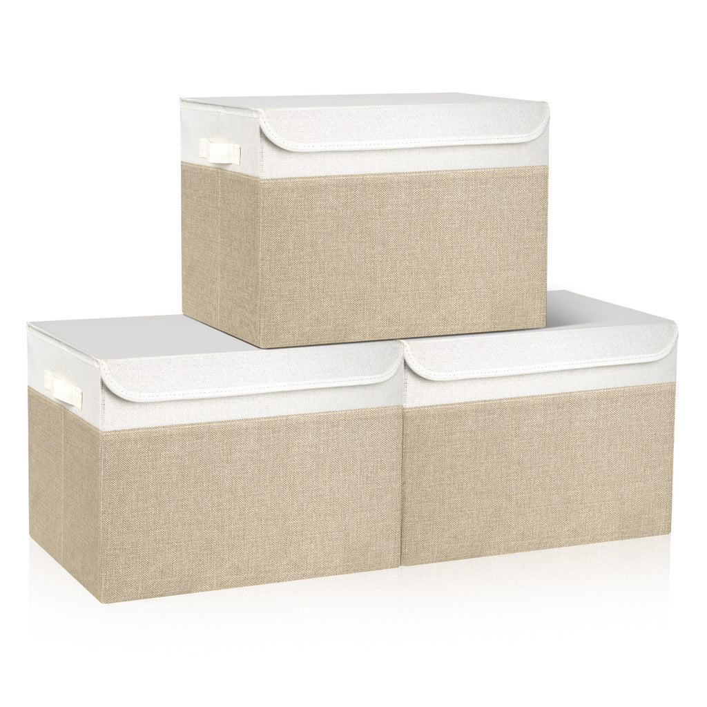 Bagnizer Large 17" 42 Quarts Collapsible Stackable Storage Bins with Lids [3-Pack] Foldable Fabric Linen Storage Boxes Cube, Closet Organizer Baskets with Label (16.7 x 12 x 12, Beige & White)