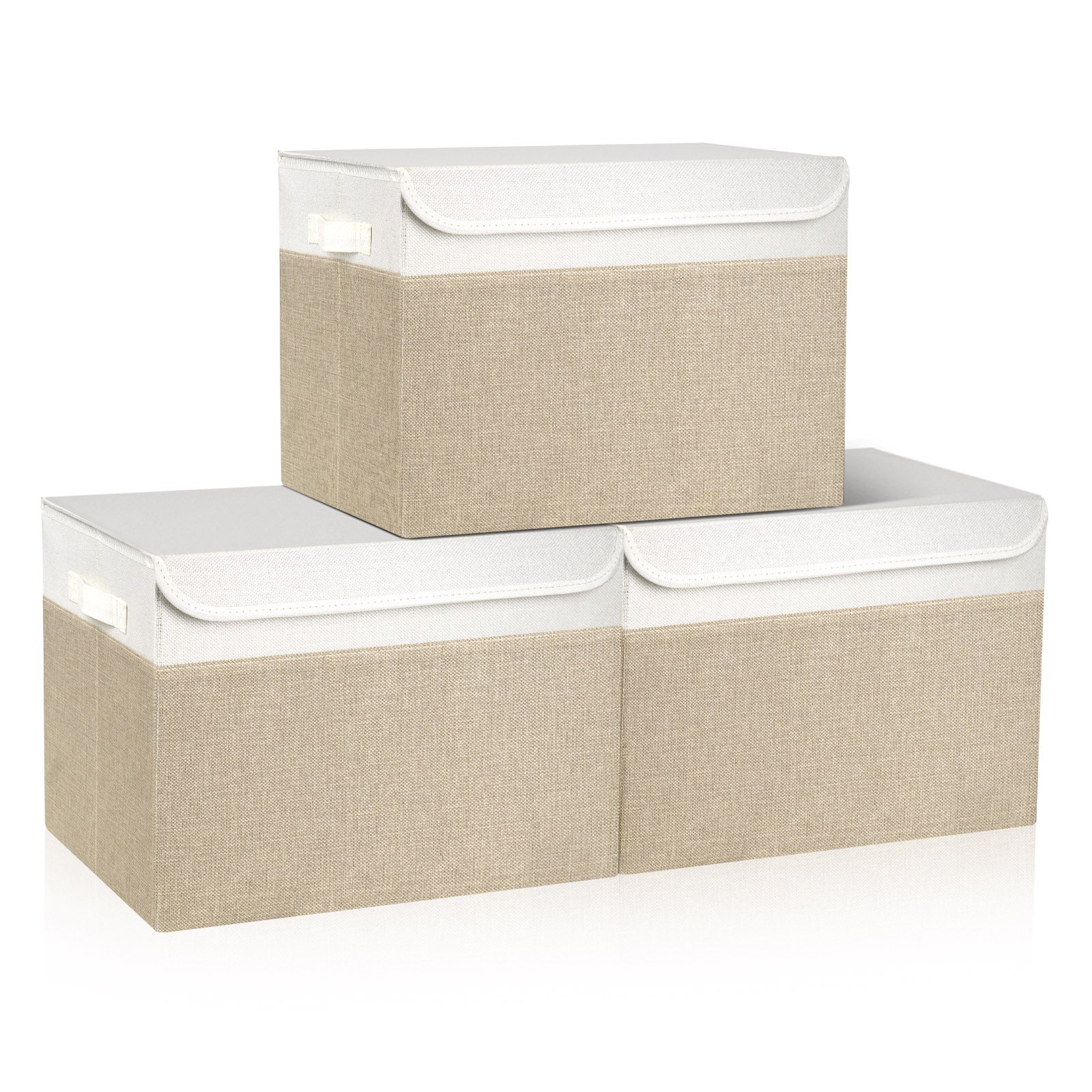 Bagnizer Large 17" 42 Quarts Collapsible Stackable Storage Bins with Lids [3-Pack] Foldable Fabric Linen Storage Boxes Cube, Closet Organizer Baskets with Label (16.7 x 12 x 12, Beige & White)