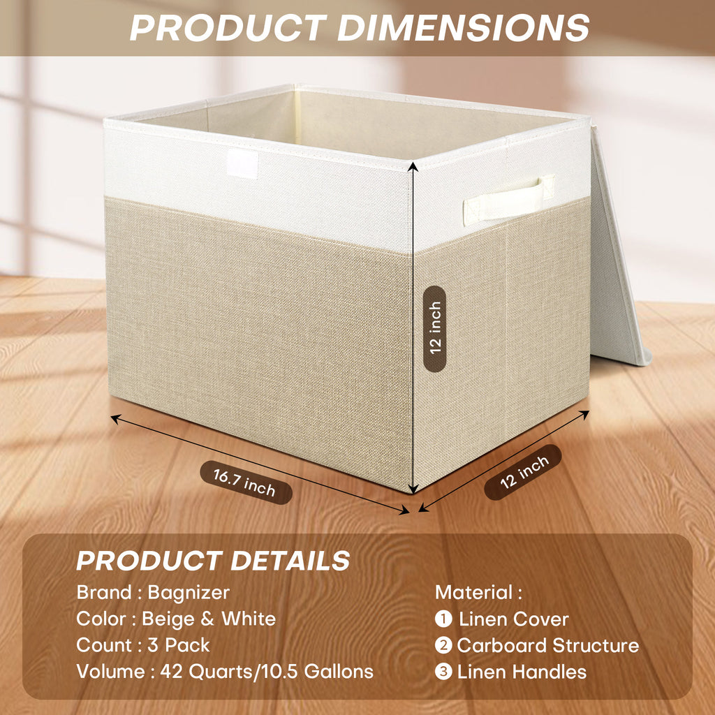 Bagnizer Large 17" 42 Quarts Collapsible Stackable Storage Bins with Lids [3-Pack] Foldable Fabric Linen Storage Boxes Cube, Closet Organizer Baskets with Label (16.7 x 12 x 12, Beige & White)