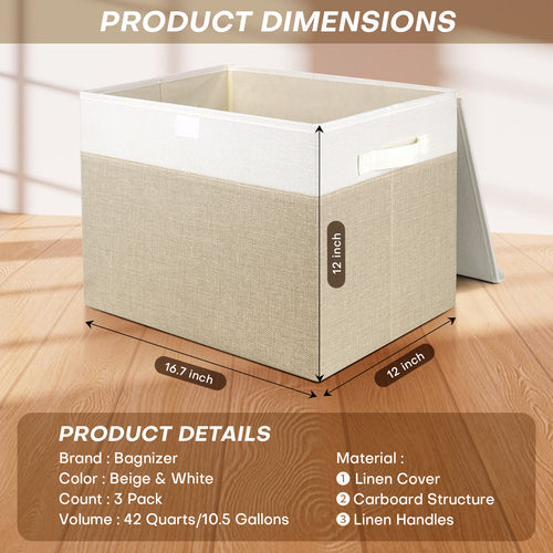 Bagnizer Large 17" 42 Quarts Collapsible Stackable Storage Bins with Lids [3-Pack] Foldable Fabric Linen Storage Boxes Cube, Closet Organizer Baskets with Label (16.7 x 12 x 12, Beige & White)