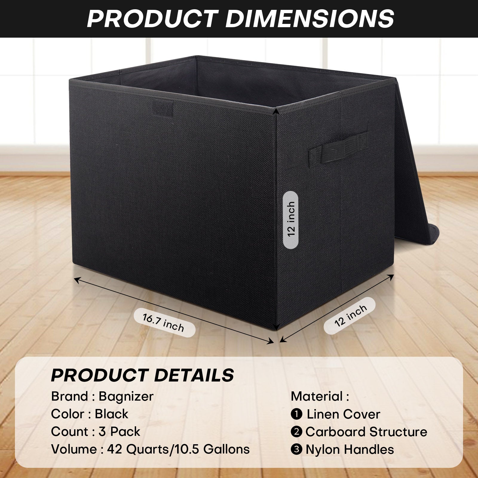Bagnizer Large 17" 42 Quarts Collapsible Stackable Storage Bins with Lids [3-Pack] Foldable Fabric Linen Storage Boxes Cube, Closet Organizer Baskets with Label (16.7 x 12 x 12, Black)