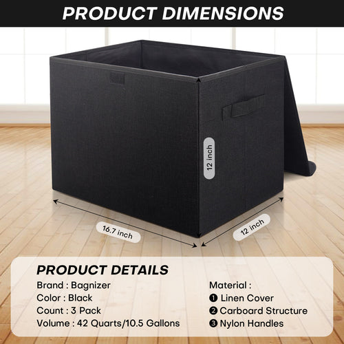 Bagnizer Large 17" 42 Quarts Collapsible Stackable Storage Bins with Lids [3-Pack] Foldable Fabric Linen Storage Boxes Cube, Closet Organizer Baskets with Label (16.7 x 12 x 12, Black)