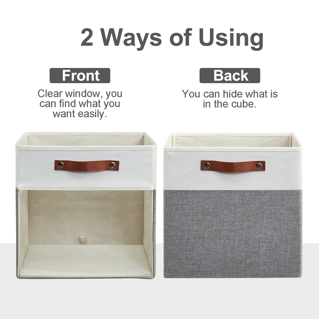 Bagnizer Storage Cubes, 4 Pack Linen Foldable Storage Bins (13 x 13 inch) with Clear Window and Handles, Fabric Organizer for Shelf Closet, Clothes, Books - (Gray and White)