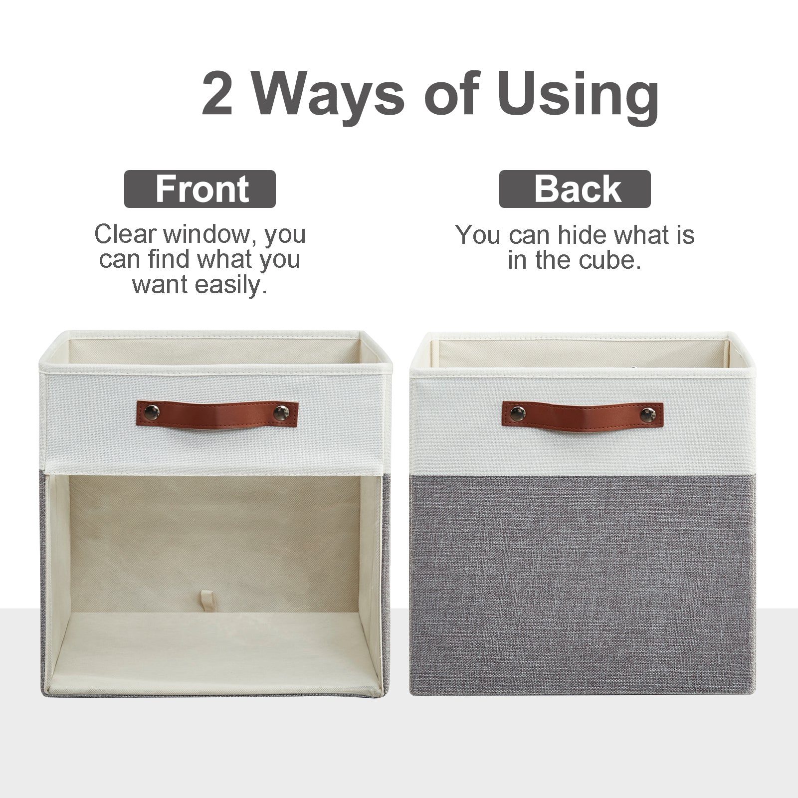 Bagnizer Storage Cubes, 4 Pack Linen Foldable Storage Bins (13 x 13 inch) with Clear Window and Handles, Fabric Organizer for Shelf Closet, Clothes, Books - (Gray and White)