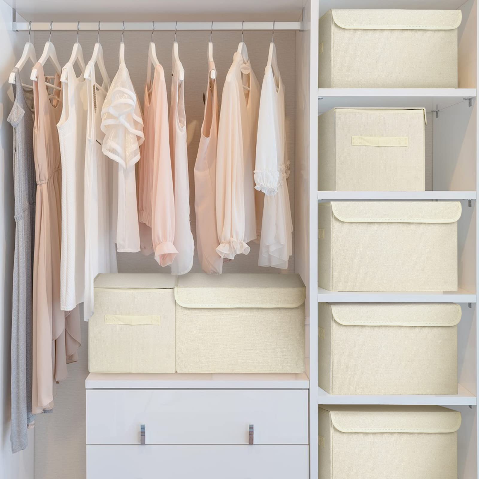 Bagnizer Large 42 Quarts Collapsible Stackable Storage Bins Cube with Lids [3-Pack] Foldable Fabric Linen Storage Boxes, Closet Organizer Baskets with Label for Home (16.7 x 12 x 12, Beige)