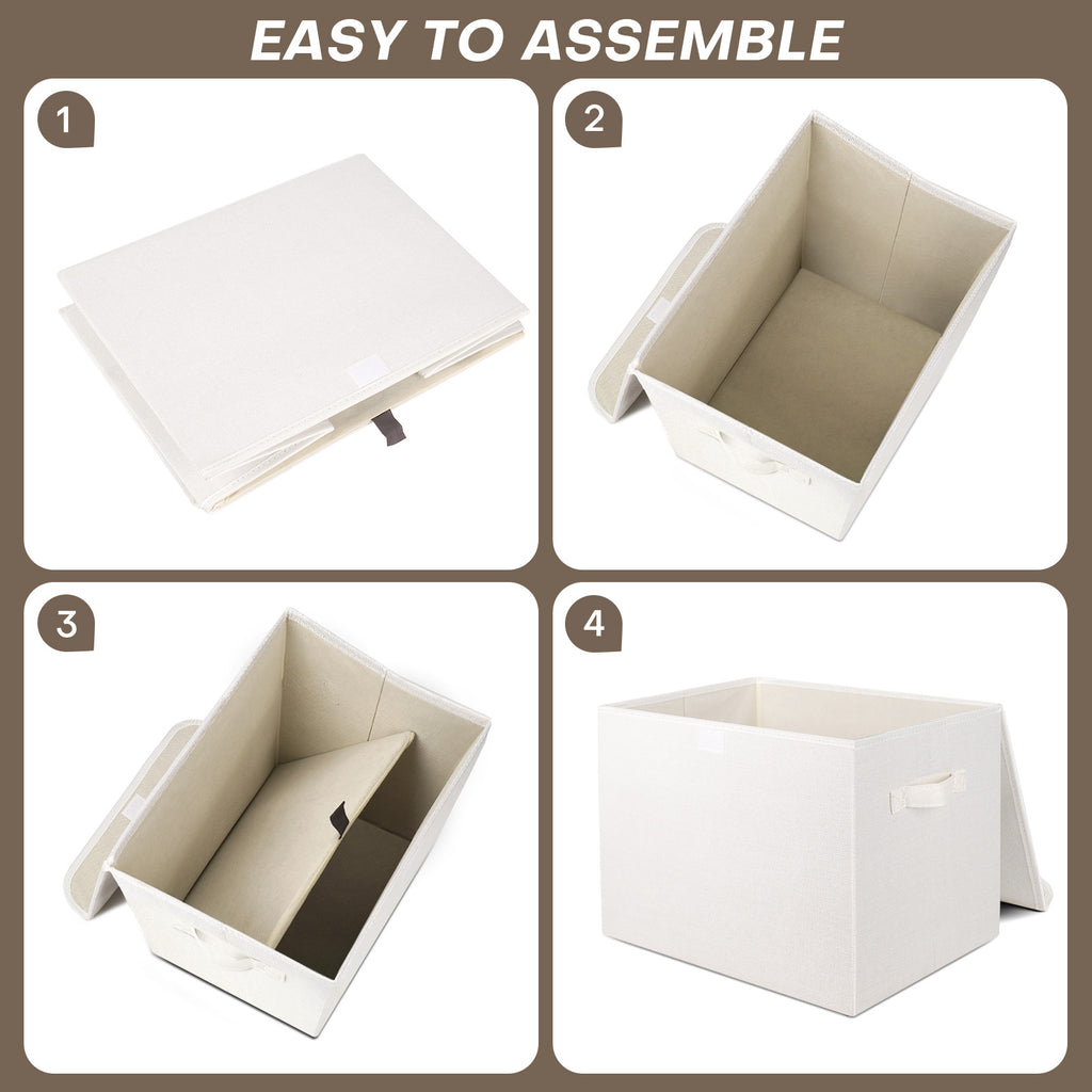 Bagnizer Large 22 Quart Linen Fabric Foldable Storage Bin Cube Organizer Basket with Flip-Top Lid & Handles, Clothes Blanket Box for Home, Office, Closet, White, 4 Pack 14.6 x 9.5 x 9.5”