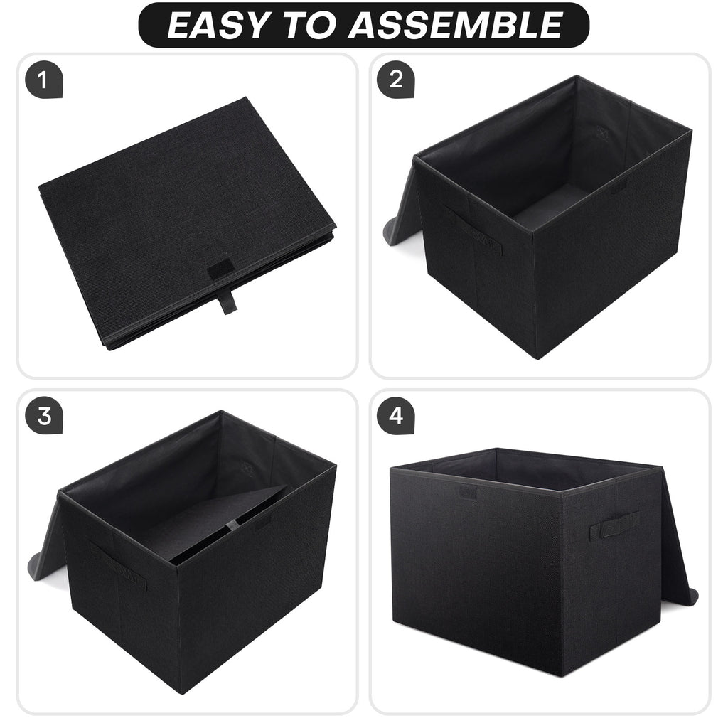 Bagnizer Large 22 Quart Linen Fabric Foldable Storage Bin Cube Organizer Basket with Flip-Top Lid & Handles, Clothes Blanket Box for Home, Office, Closet, Black, 4 Pack 14.6 x 9.5 x 9.5”