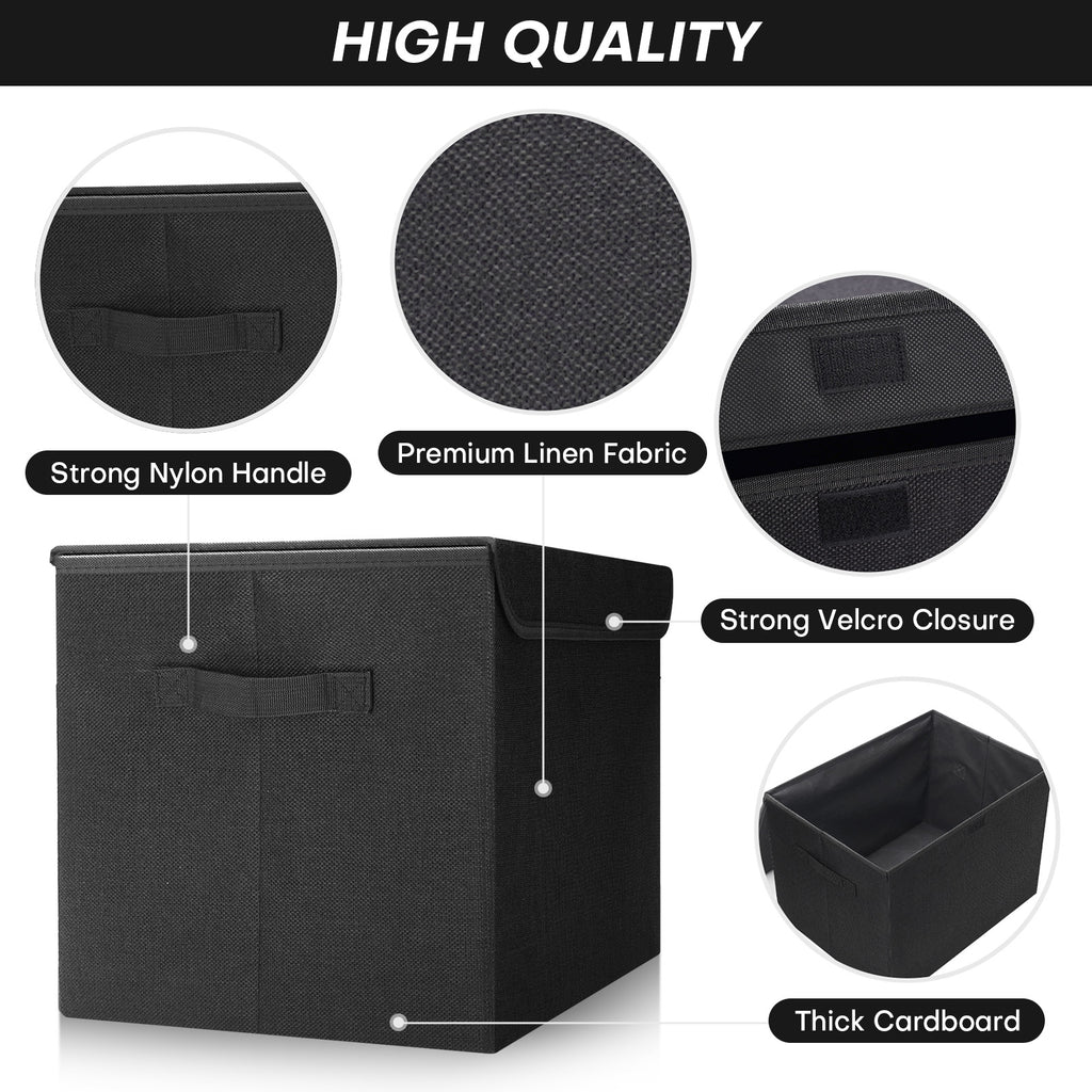 Bagnizer Large 17" 42 Quarts Collapsible Stackable Storage Bins with Lids [3-Pack] Foldable Fabric Linen Storage Boxes Cube, Closet Organizer Baskets with Label (16.7 x 12 x 12, Black)