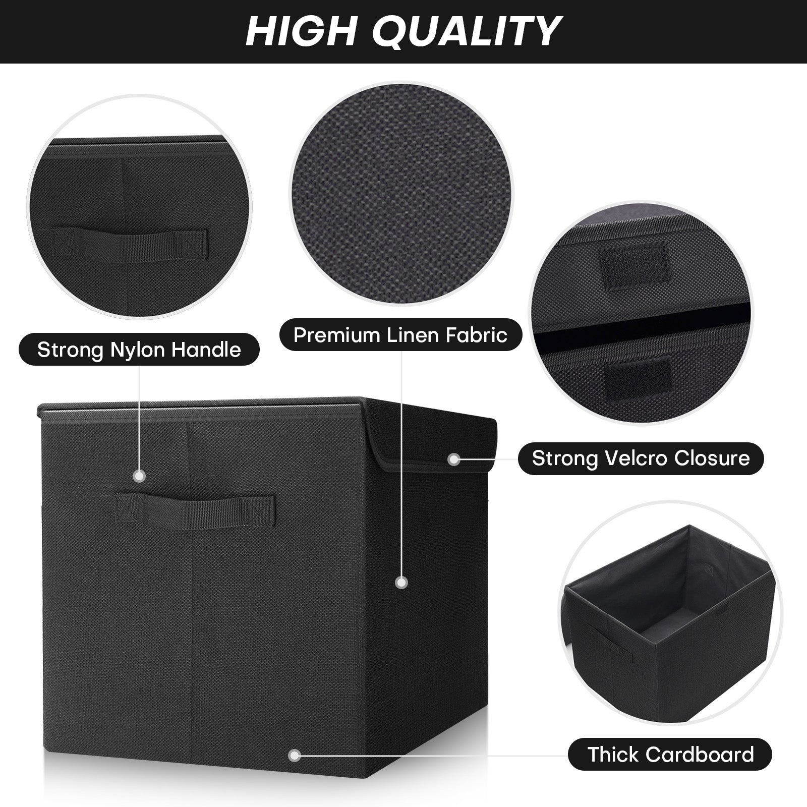 Bagnizer Large 17" 42 Quarts Collapsible Stackable Storage Bins with Lids [3-Pack] Foldable Fabric Linen Storage Boxes Cube, Closet Organizer Baskets with Label (16.7 x 12 x 12, Black)