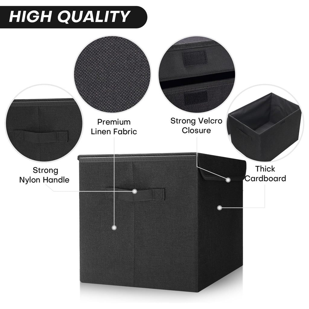 Bagnizer Large 22 Quart Linen Fabric Foldable Storage Bin Cube Organizer Basket with Flip-Top Lid & Handles, Clothes Blanket Box for Home, Office, Closet, Black, 4 Pack 14.6 x 9.5 x 9.5”
