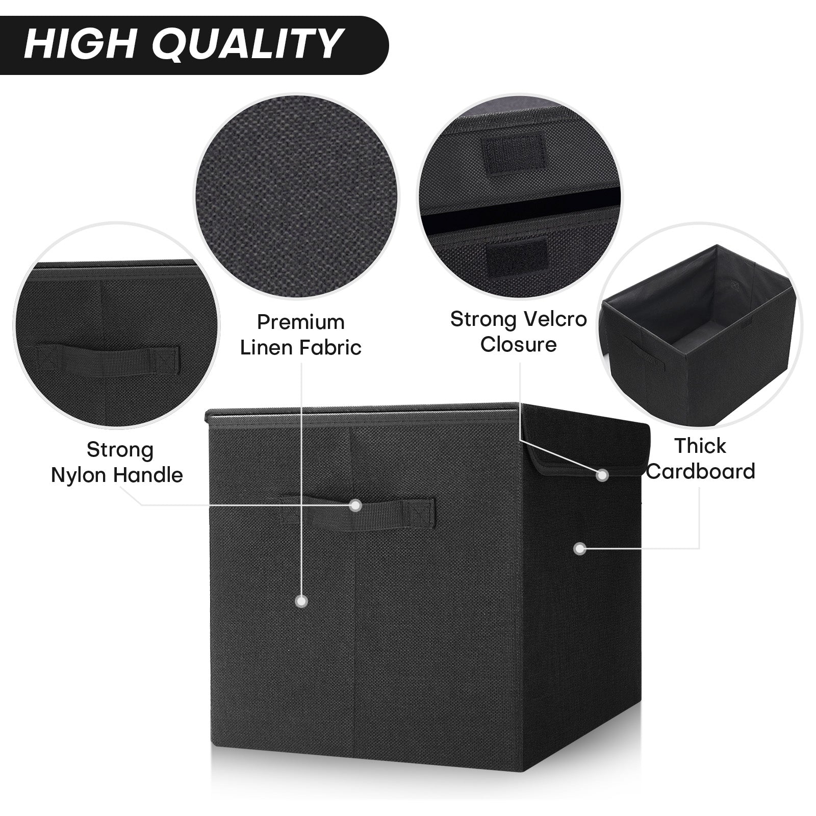 Bagnizer Large 22 Quart Linen Fabric Foldable Storage Bin Cube Organizer Basket with Flip-Top Lid & Handles, Clothes Blanket Box for Home, Office, Closet, Black, 4 Pack 14.6 x 9.5 x 9.5”
