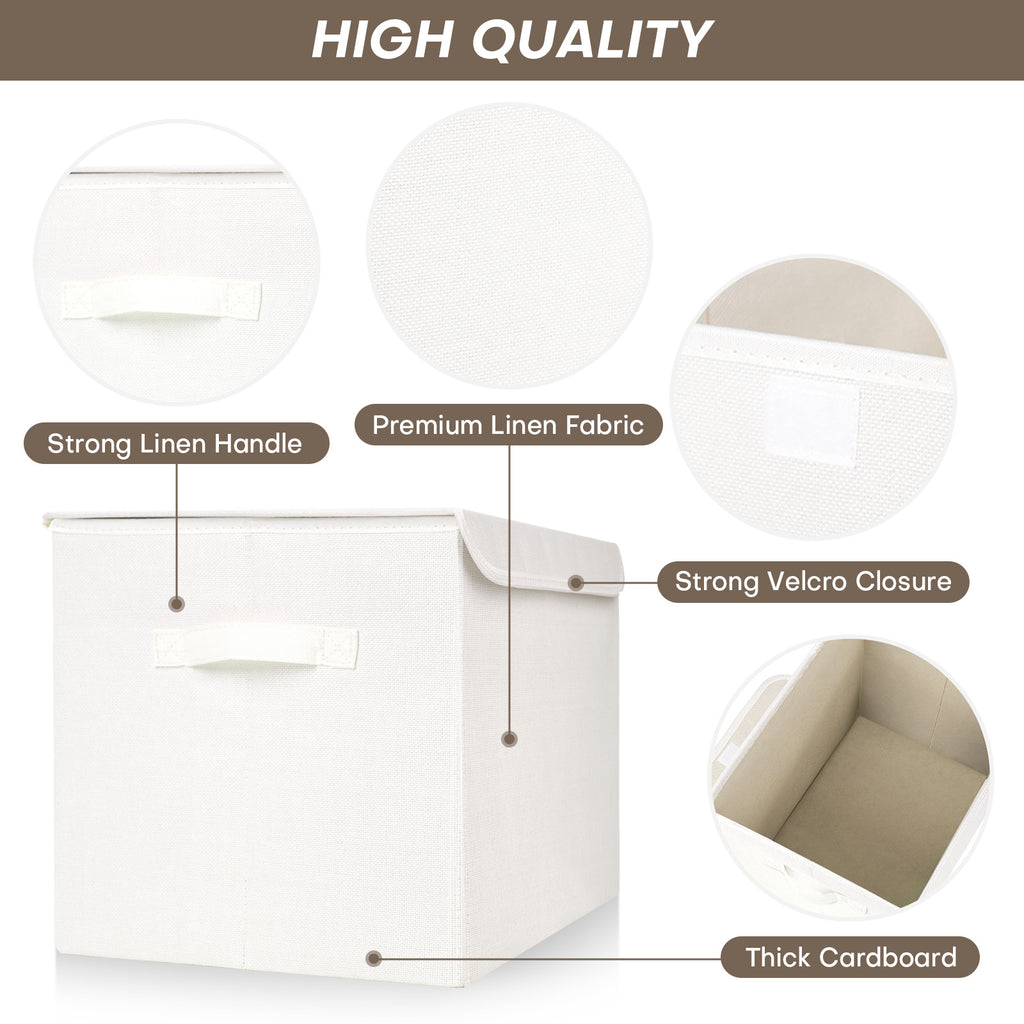 Bagnizer Large 22 Quart Linen Fabric Foldable Storage Bin Cube Organizer Basket with Flip-Top Lid & Handles, Clothes Blanket Box for Home, Office, Closet, White, 4 Pack 14.6 x 9.5 x 9.5”
