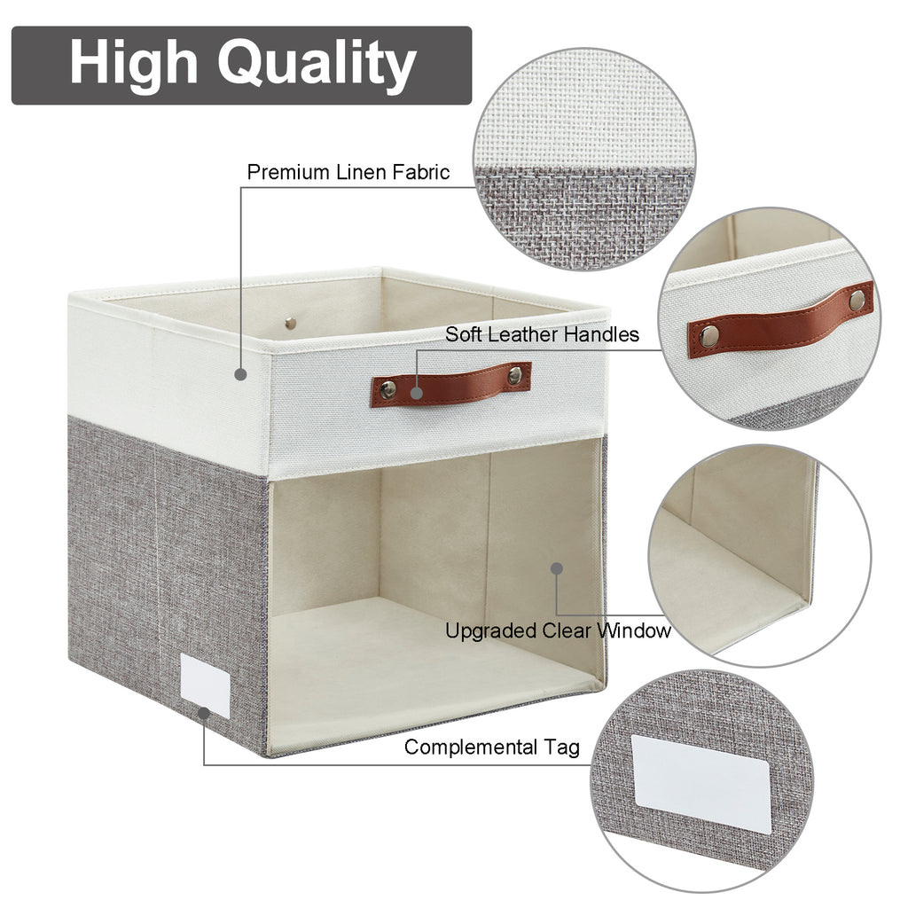 Bagnizer Storage Cubes, 4 Pack Linen Foldable Storage Bins (13 x 13 inch) with Clear Window and Handles, Fabric Organizer for Shelf Closet, Clothes, Books - (Gray and White)