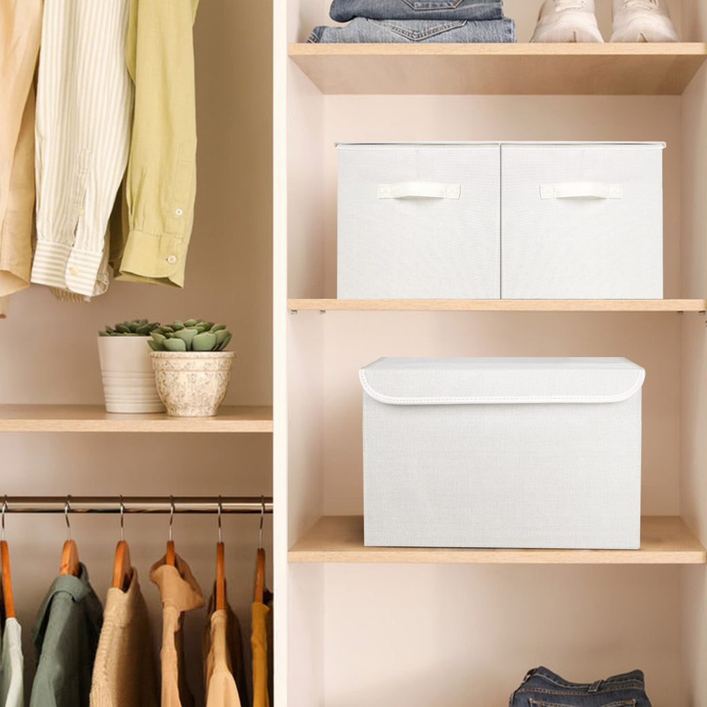 Bagnizer Large 22 Quart Linen Fabric Foldable Storage Bin Cube Organizer Basket with Flip-Top Lid & Handles, Clothes Blanket Box for Home, Office, Closet, White, 4 Pack 14.6 x 9.5 x 9.5”