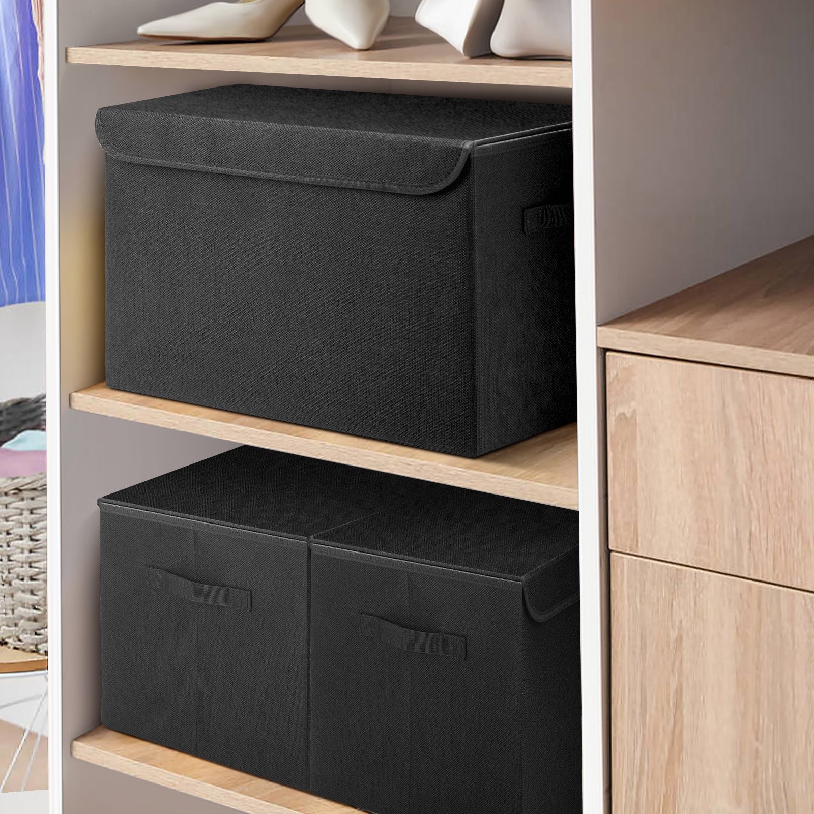 Bagnizer Large 17" 42 Quarts Collapsible Stackable Storage Bins with Lids [3-Pack] Foldable Fabric Linen Storage Boxes Cube, Closet Organizer Baskets with Label (16.7 x 12 x 12, Black)