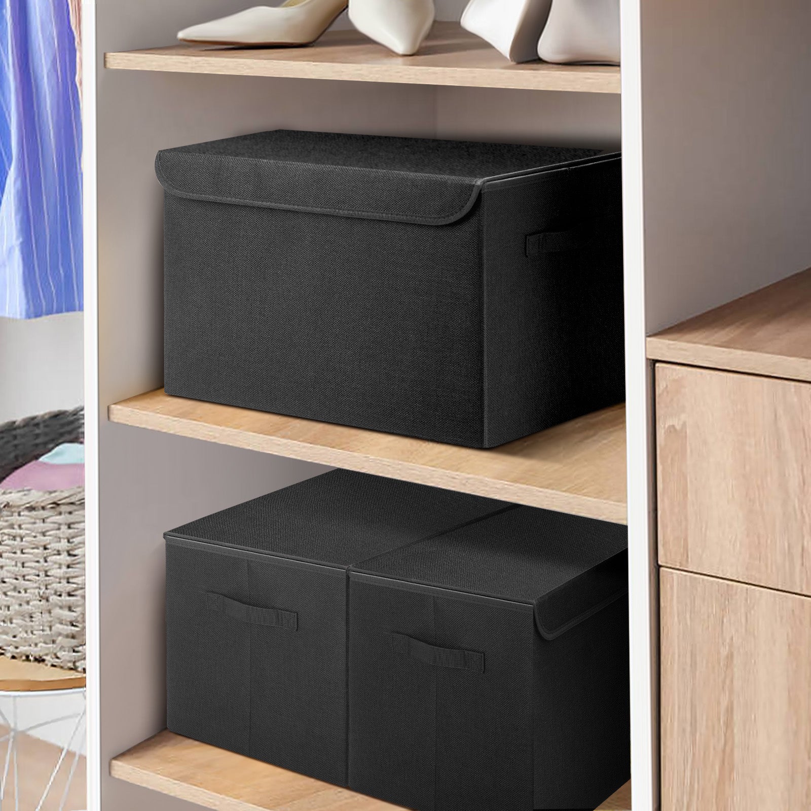 Bagnizer Large 22 Quart Linen Fabric Foldable Storage Bin Cube Organizer Basket with Flip-Top Lid & Handles, Clothes Blanket Box for Home, Office, Closet, Black, 4 Pack 14.6 x 9.5 x 9.5”