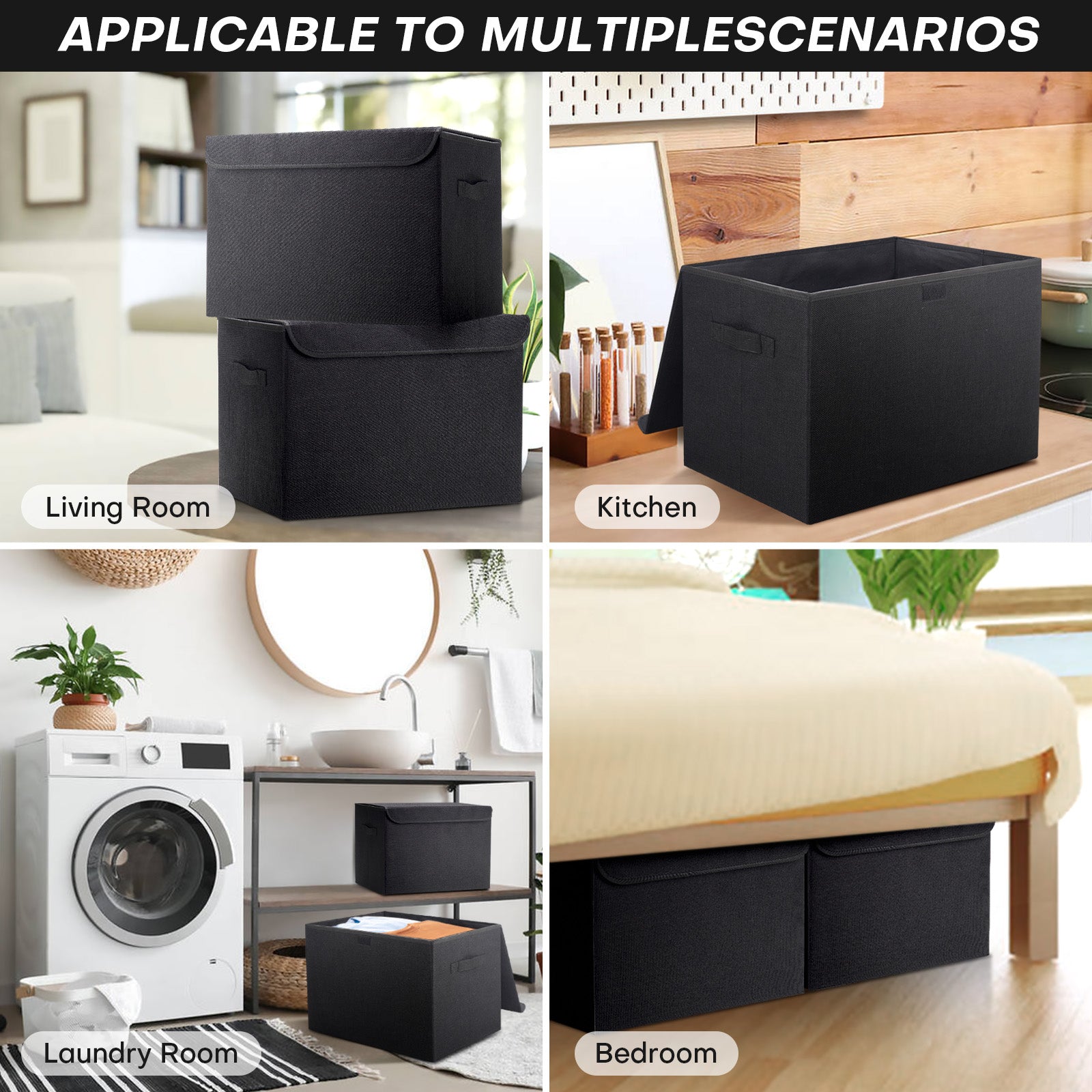 Bagnizer Large 17" 42 Quarts Collapsible Stackable Storage Bins with Lids [3-Pack] Foldable Fabric Linen Storage Boxes Cube, Closet Organizer Baskets with Label (16.7 x 12 x 12, Black)