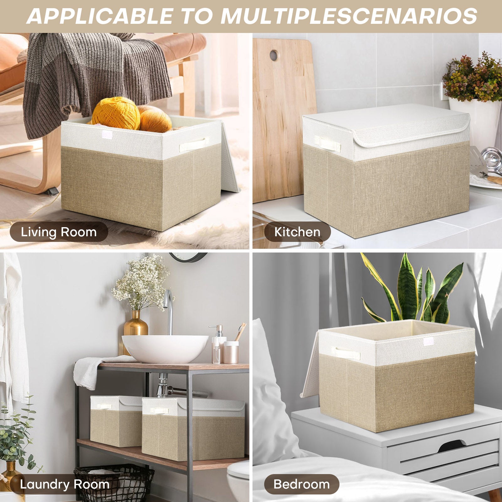 Bagnizer Large 42 Quarts Fabric Storage Bins with Lids [2-Pack] Linen Collapsible Foldable Baskets, Closet Organizer Containers boxes with Handles for Home Office (16.7 x 12 x 12, Beige & White)