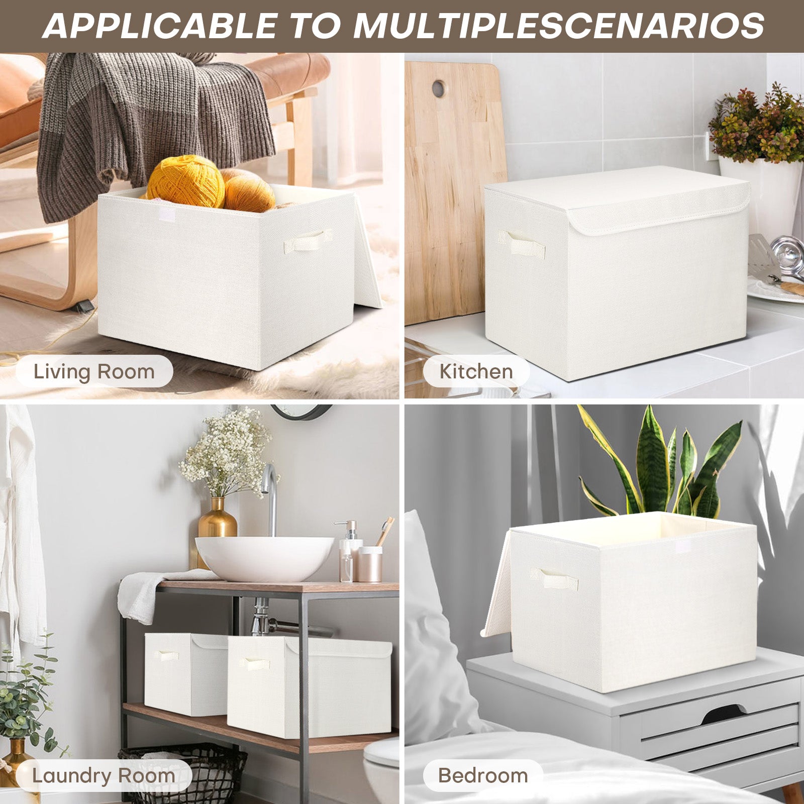 Bagnizer Large 22 Quart Linen Fabric Foldable Storage Bin Cube Organizer Basket with Flip-Top Lid & Handles, Clothes Blanket Box for Home, Office, Closet, White, 4 Pack 14.6 x 9.5 x 9.5”