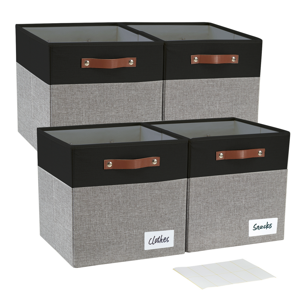 Collapsible Fabric Storage Cube Bins with 2 Reinforced PU Handles, Foldable Storage Organizer Baskets for Closet, Shelves, Living Room | 11"x11"x11", 4 Pack, Black & Gray