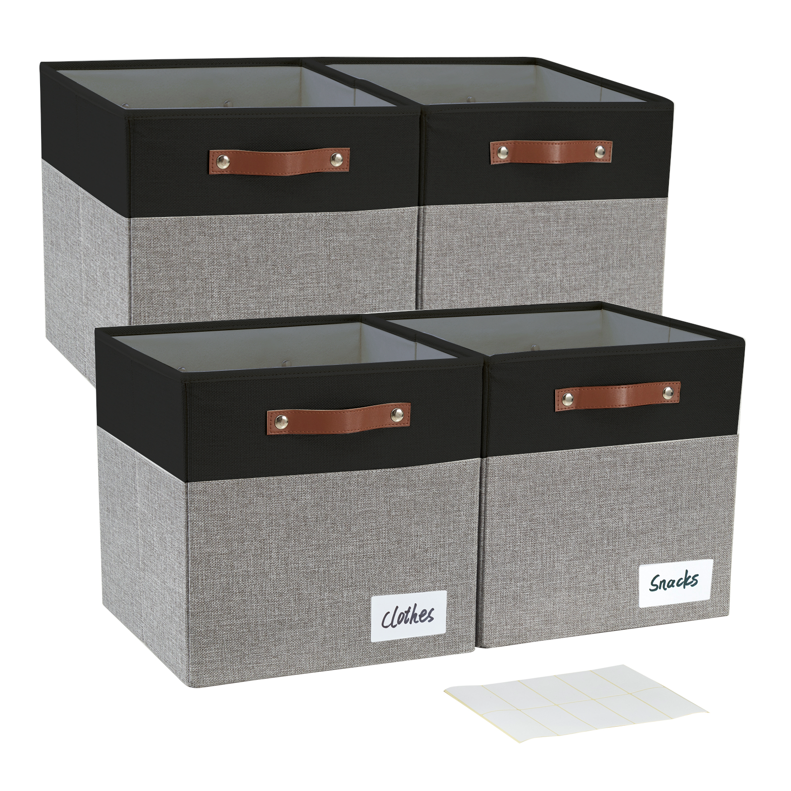 Collapsible Fabric Storage Cube Bins with 2 Reinforced PU Handles, Foldable Storage Organizer Baskets for Closet, Shelves, Living Room | 11"x11"x11", 4 Pack, Black & Gray