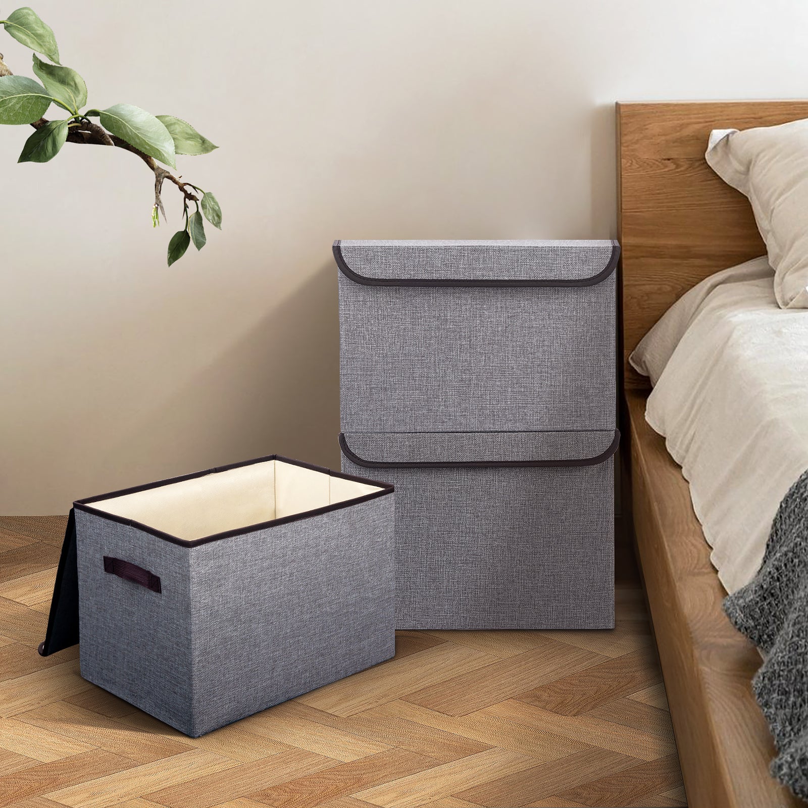 Bagnizer Large 22 Quart Linen Fabric Foldable Storage Bin Cube Organizer Basket with Flip-Top Lid & Handles, Clothes Blanket Box for Home, Office, Closet, Gray, 4 Pack 14.6 x 9.5 x 9.5”