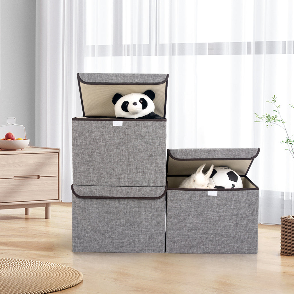 Bagnizer Large 22 Quart Linen Fabric Foldable Storage Bin Cube Organizer Basket with Flip-Top Lid & Handles, Clothes Blanket Box for Home, Office, Closet, Gray, 4 Pack 14.6 x 9.5 x 9.5”