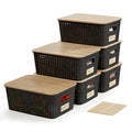 Small Plastic Storage Bins with Bamboo Lids 5.2qt Stackable Box Basket Pantry Decorative Containers Cute with Lable for Organizing Desktop Closet Office Black of 6 packs 10 * 7.2 * 4.1"