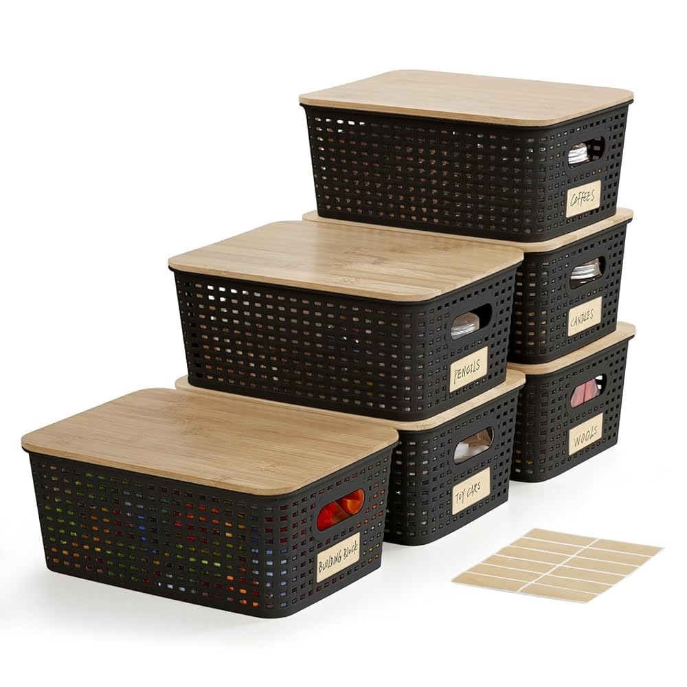 Small Plastic Storage Bins with Bamboo Lids 5.2qt Stackable Box Basket Pantry Decorative Containers Cute with Lable for Organizing Desktop Closet Office Black of 6 packs 10 * 7.2 * 4.1"