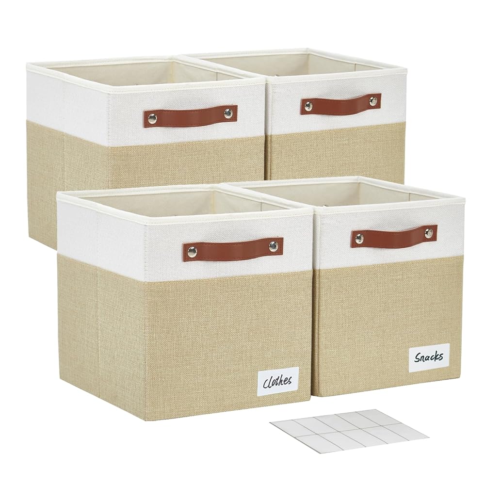 Collapsible Fabric Storage Cube Bins with 2 Reinforced PU Handles, Foldable Storage Organizer Baskets for Closet, Shelves, Living Room | 11"x11"x11", 4 Pack, Beige & White