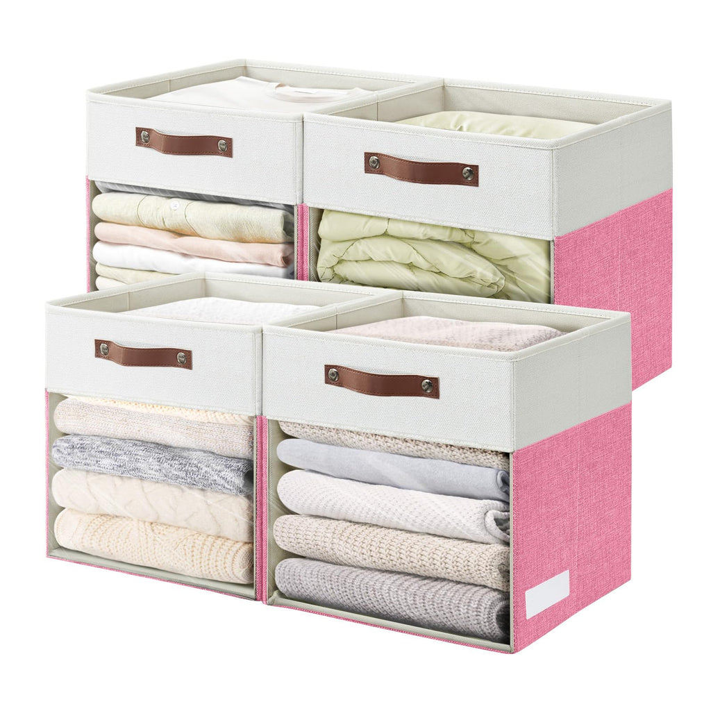Bagnizer Storage Cubes, 4 Pack Linen Foldable Storage Bins (13 x 13 inch) with Clear Window and Handles, Fabric Organizer for Shelf Closet, Clothes, Books - (Pink and White)