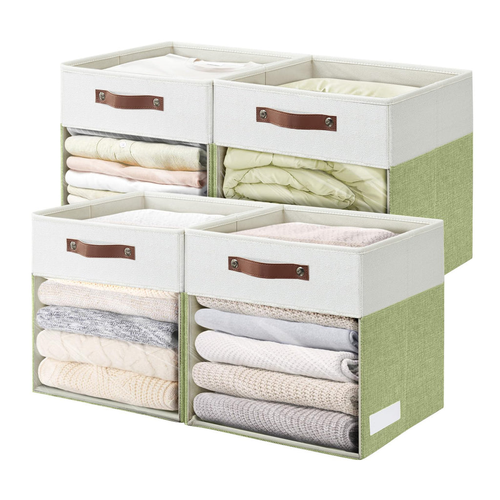 Bagnizer Storage Cubes, 4 Pack Linen Foldable Storage Bins (13 x 13 inch) with Clear Window and Handles, Fabric Organizer for Shelf Closet, Clothes, Books - (Green and White)