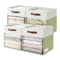 Bagnizer Storage Cubes, 4 Pack Linen Foldable Storage Bins (13 x 13 inch) with Clear Window and Handles, Fabric Organizer for Shelf Closet, Clothes, Books - (Green and White)