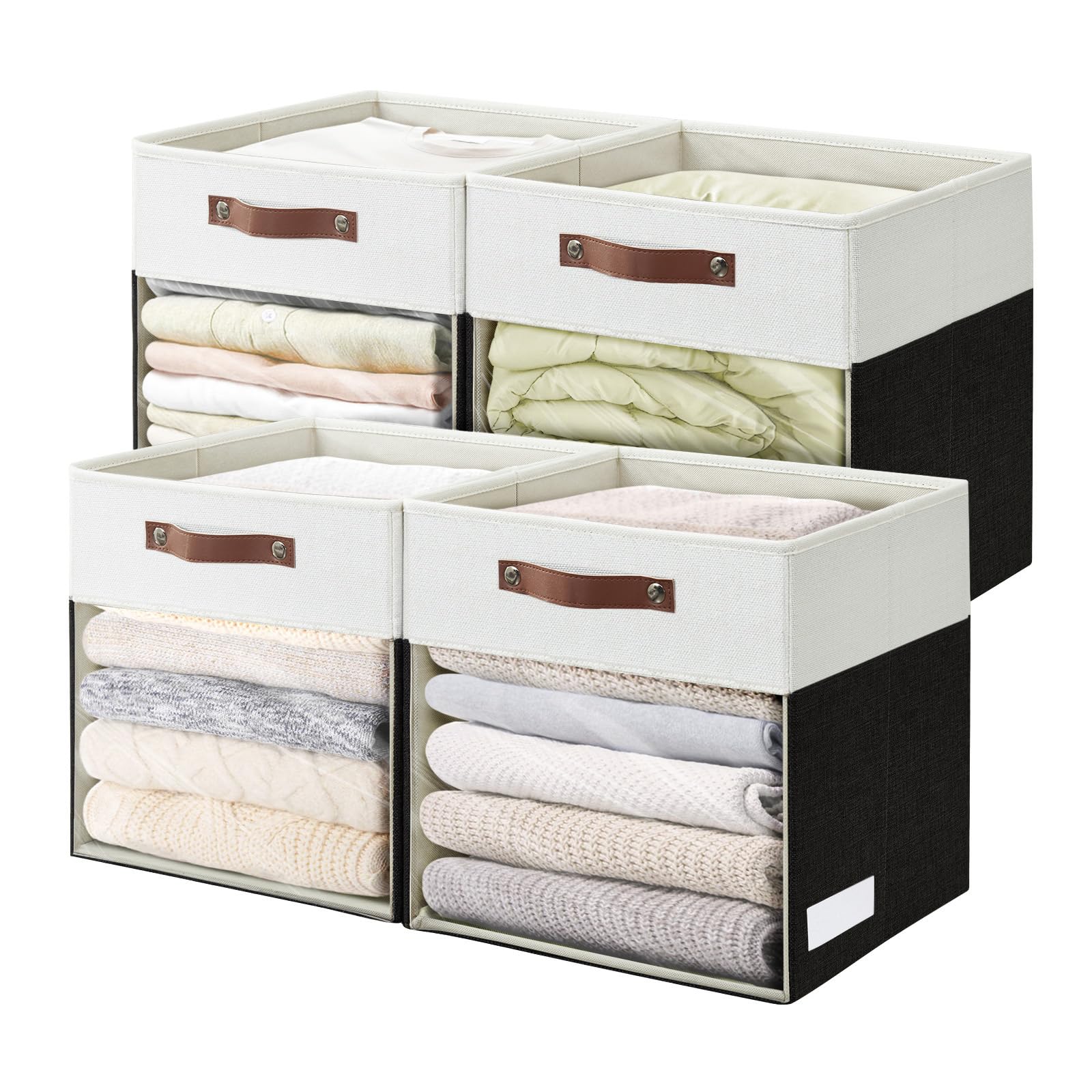Bagnizer Storage Cubes, 4 Pack Linen Foldable Storage Bins (13 x 13 inch) with Clear Window and Handles, Fabric Organizer for Shelf Closet, Clothes, Books - (Black and White)