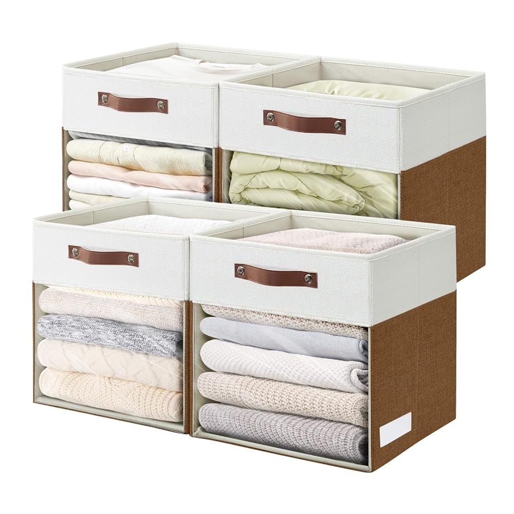 Bagnizer Storage Cubes, 4 Pack Linen Foldable Storage Bins (13 x 13 inch) with Clear Window and Handles, Fabric Organizer for Shelf Closet, Clothes, Books - (Brown and White)