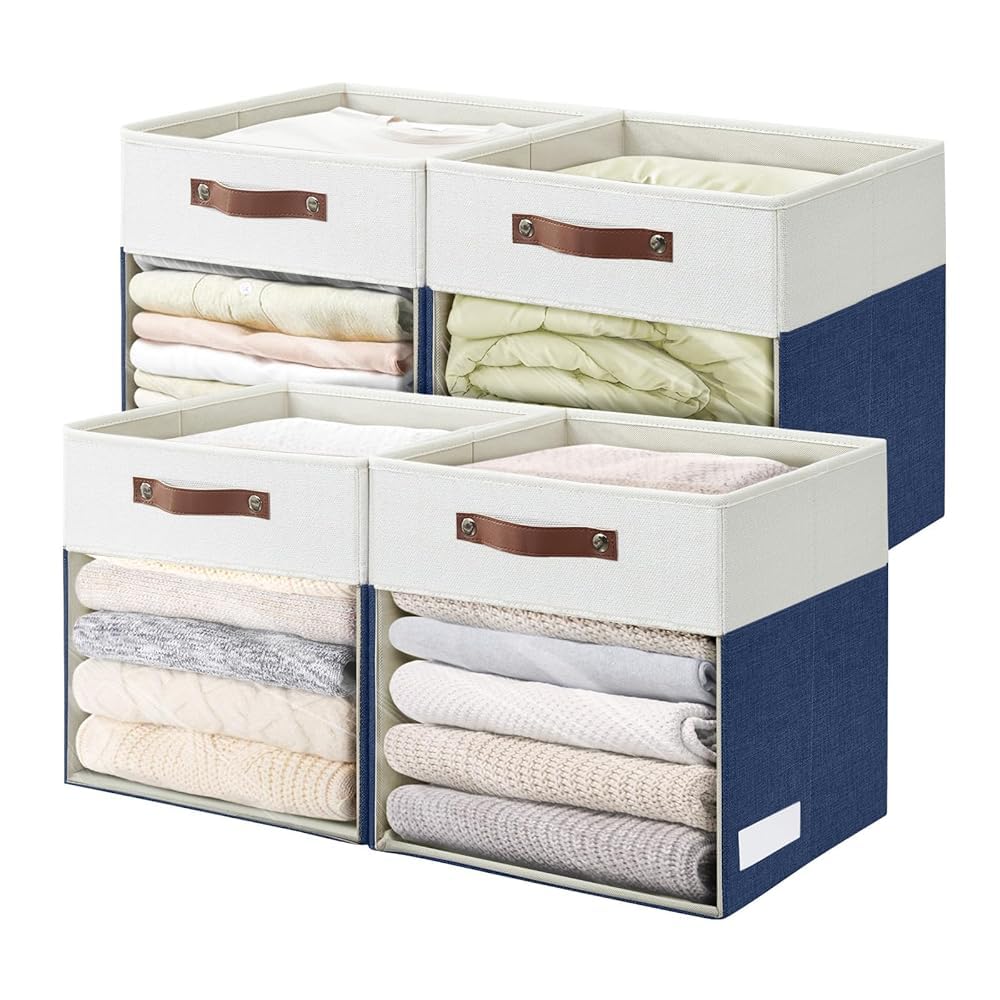 Bagnizer Storage Cubes, 4 Pack Linen Foldable Storage Bins (13 x 13 inch) with Clear Window and Handles, Fabric Organizer for Shelf Closet, Clothes, Books - (Navy Blue and White)