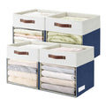 Bagnizer Storage Cubes, 4 Pack Linen Foldable Storage Bins (13 x 13 inch) with Clear Window and Handles, Fabric Organizer for Shelf Closet, Clothes, Books - (Navy Blue and White)