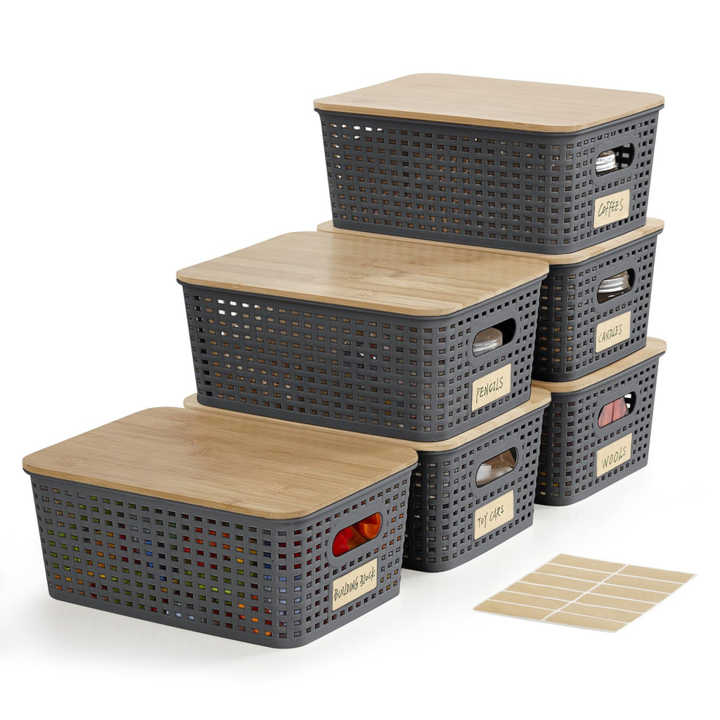 Bagnizer Small Plastic Storage Bins with Bamboo Lids 5.2qt Stackable Box Basket Pantry Decorative Containers Cute with Lable for Organizing Desktop Closet Office Gray of 6 packs 10*7.2*4.1'’