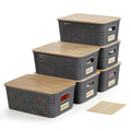 Bagnizer Small Plastic Storage Bins with Bamboo Lids 5.2qt Stackable Box Basket Pantry Decorative Containers Cute with Lable for Organizing Desktop Closet Office Gray of 6 packs 10*7.2*4.1'’
