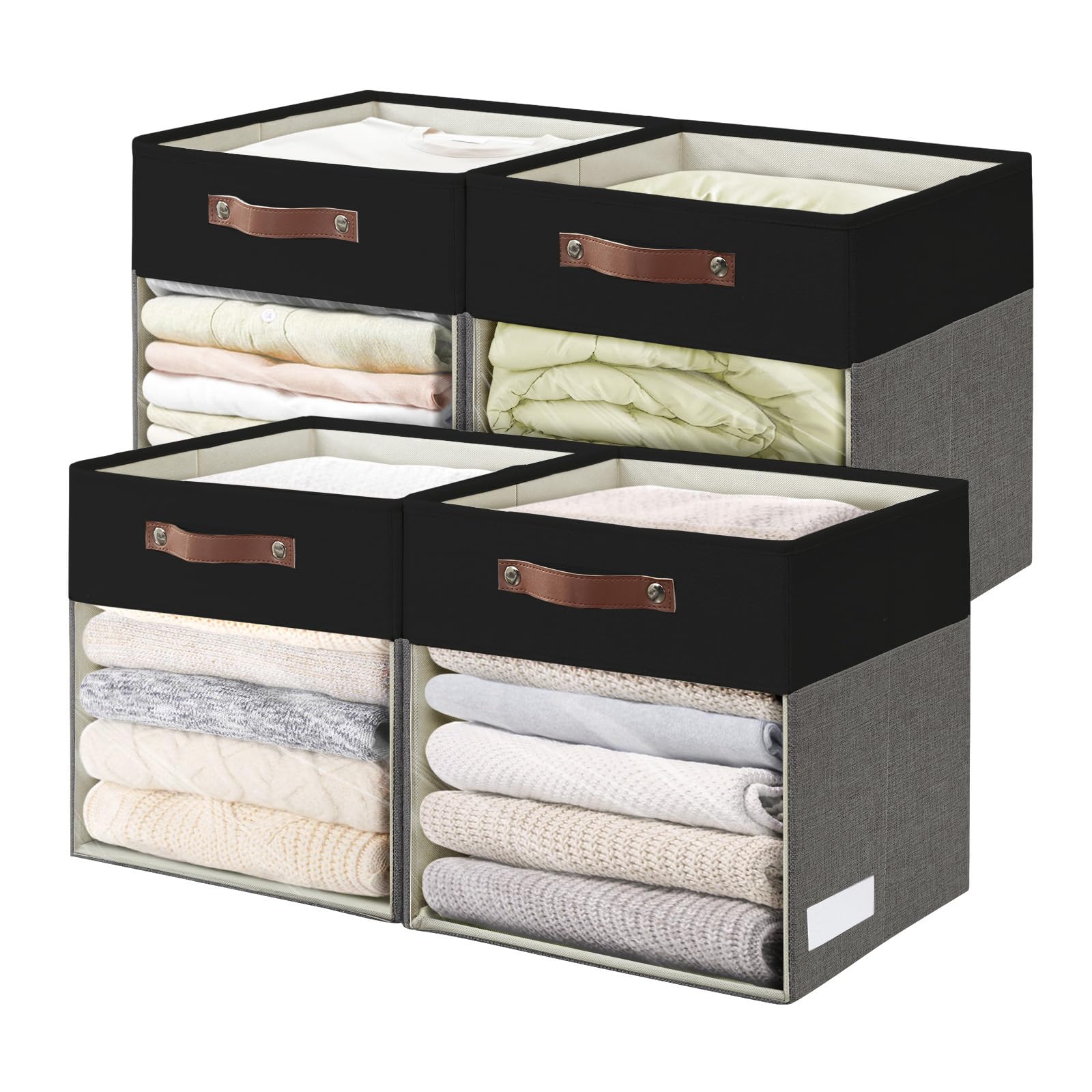 Bagnizer Storage Cubes, 4 Pack Linen Foldable Storage Bins (13 x 13 inch) with Clear Window and Handles, Fabric Organizer for Shelf Closet, Clothes, Books - (Gray and Black)