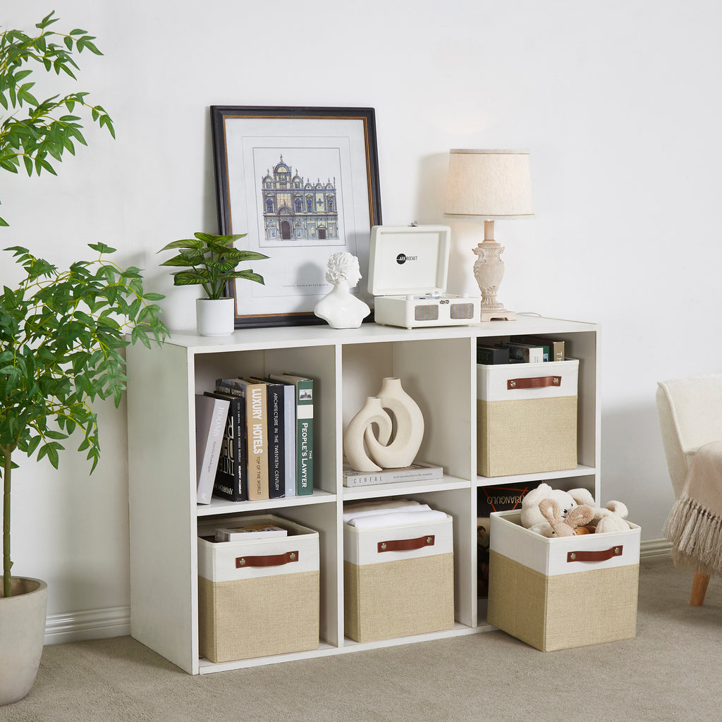 Collapsible Fabric Storage Cube Bins with 2 Reinforced PU Handles, Foldable Storage Organizer Baskets for Closet, Shelves, Living Room | 13"x13"x13", 4 Pack, Beige & White